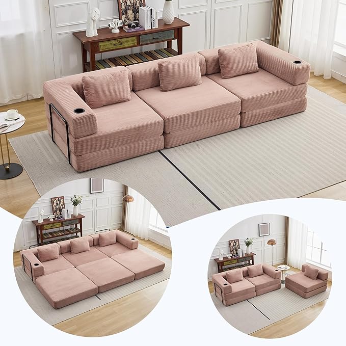 118 Oversized Sectional Couches Convertible Floor Sofa Bed with Cup Holder Boneless Foldable Mattress Cloud Couch with Pillow Back &amp Armrest for Living Room Bedroom Lounge(Corduroy Pink)
