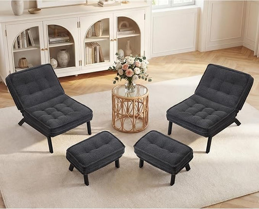ANJ 3-Position Adjustable Accent Floor Chair Set of 2 with Ottoman Ergonomic Stable Lounge Chairs for Adults Thick Cushioned Comfy Reading Chair with Footrest for Living Room Bedroom Black