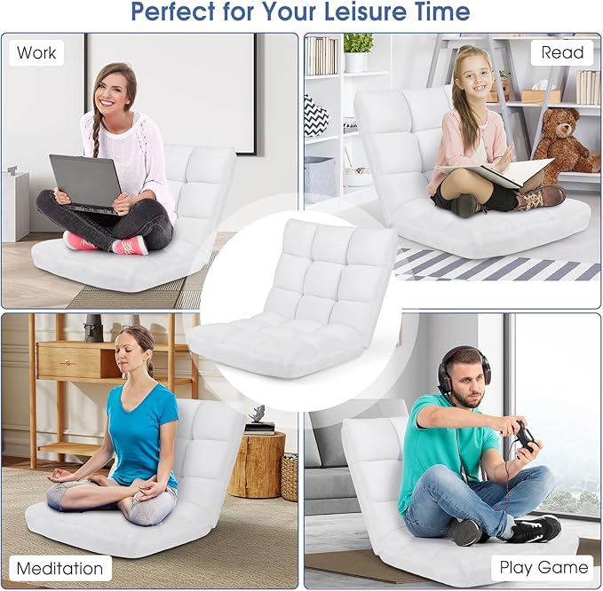 Moccha 14-Position Floor Sofa Folding Sofa Chair with Back Support Memory Foam Floor Gaming Chairs for Adults Adjustable Padded Couch Recliner Chaise Lounge for Reading Meditating (White)