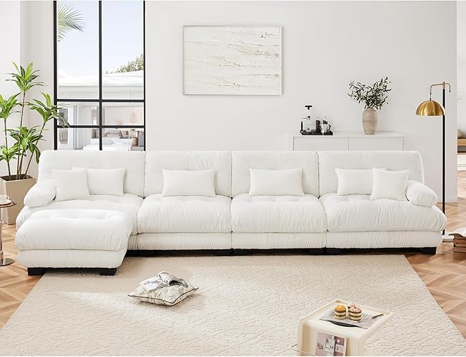 Setawix Luxury Modular Sectional Sofa Couch with Deep SeatOversized L-Shaped 4 Seater Sofas with Curved ArmrestComfy Chenille Cloud Couch for Living RoomWhite