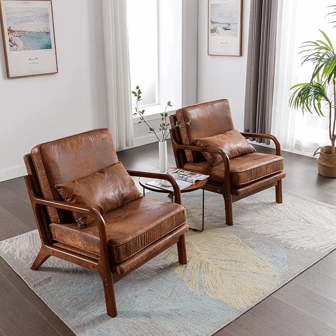 Brown Leather Accent Chairs Mid Century Modern Living Room Chairs Sillas De Sala Solid Ruberwood Arm Chair for Livingroom Bedroom Office Comfy Reading Lounge Decorative Side Sitting Chair