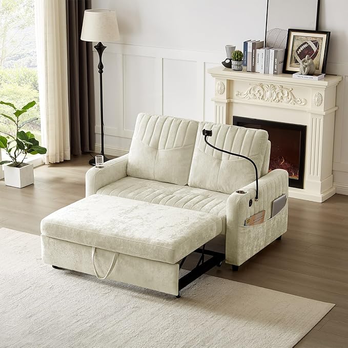 Merax Chenille 3-in-1 Pull Out Sleeper Sofa Bed Couch 54 Convertible Futon Loveseat with Adjustable Backrest 2 Cup Holders Phone Stand 3 Charging Ports and Storage Pockets for Living Room Beige
