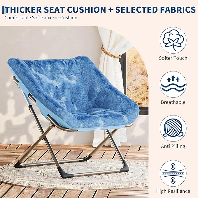 Collapsible Soft Faux Rabbit Fur Saucer Lounge Chair Comfy Lounge Lazy Chair Metal Frame Reading Chairs for Office Living Room Bedroom Small Spaces No Assembly Blue
