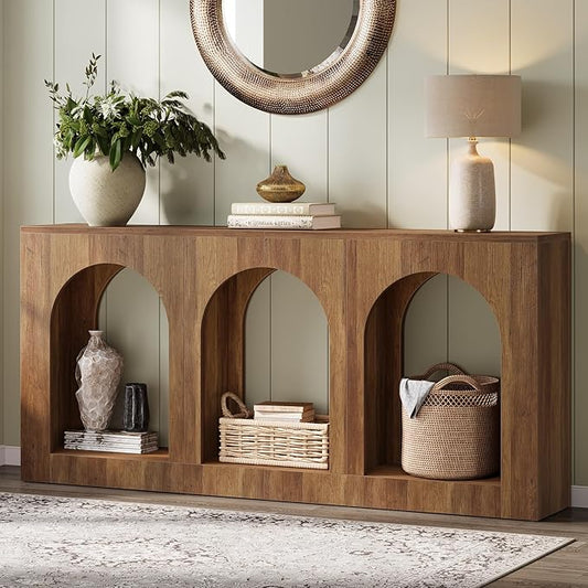 Tribesigns 70.9 Console Table with Storage Wood Entryway Entry Table with 3 Arched Shelves for Foyer Hallway Living Room Behind Couch Sofa Narrow Long Brown