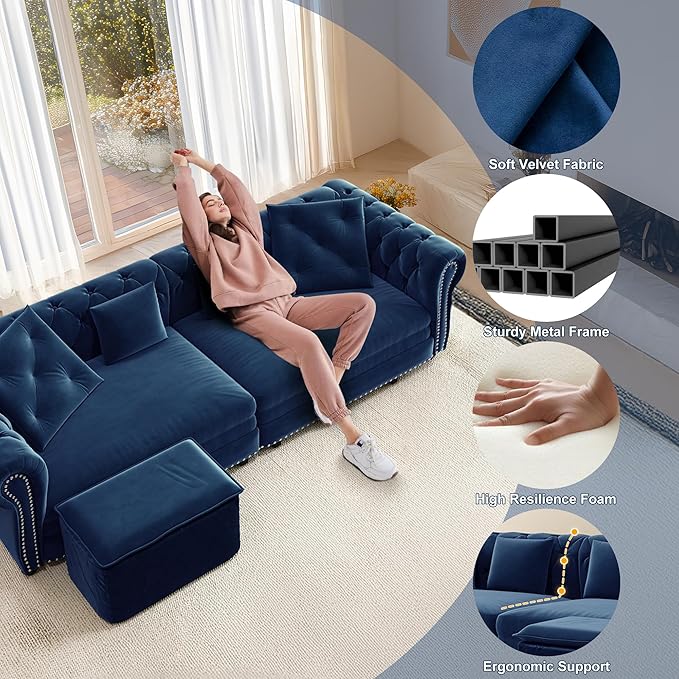 Oversized Sleeper Sofa Couch 89 Convertible Sleeper Sofa Bed for Living Room Bedroom Classic 3-in-1 Pullout Couch Bed with Movable Ottoman (Blue with Ottoman)