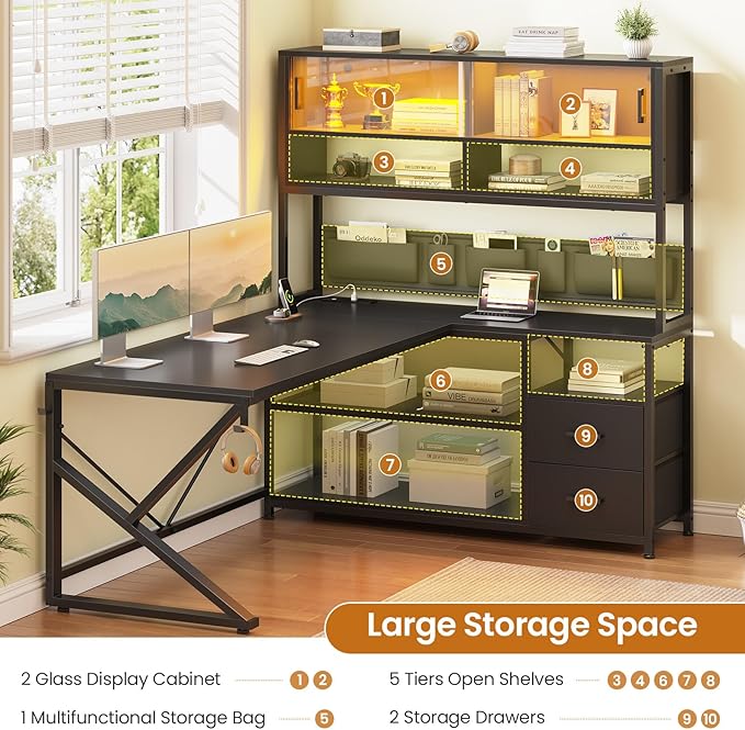 SEDETA L Shaped Gaming Desk Home Office Computer Desk with 2 Drawer and Bookshelf L Shaped Gaming Desk with LED Light Glass Cabinet and Storage Bag Corner Desk with Storage Shelves Black