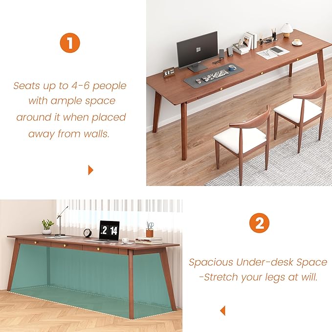 100% Solid Wood Desk 71 Mid Century Modern Desk with 3 Drawers Large 2 Person Vintage Writing Desk Simple Wooden Table for Restaurants Home Offices