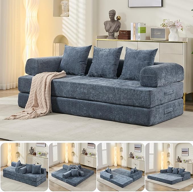 Convertible Folding Sofa Bed Modular Floor Couch 78.8‘’ Cloud Sleeper Sofa with Removable Backrest Chenille Foldable Mattress Couch Lazy Loveseat for Small Space Apartment Bedroom Blue