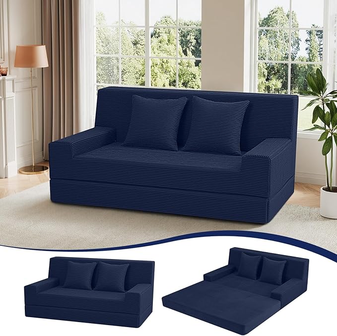 MeMoreCool Corduroy Boneless Sofa Bed Queen – Folding Futon Couch with High-Density Foam Convertible Floor Sleeper &amp Pillow Machine-Washable Cover for Guest Room Bedroom Small Apartment