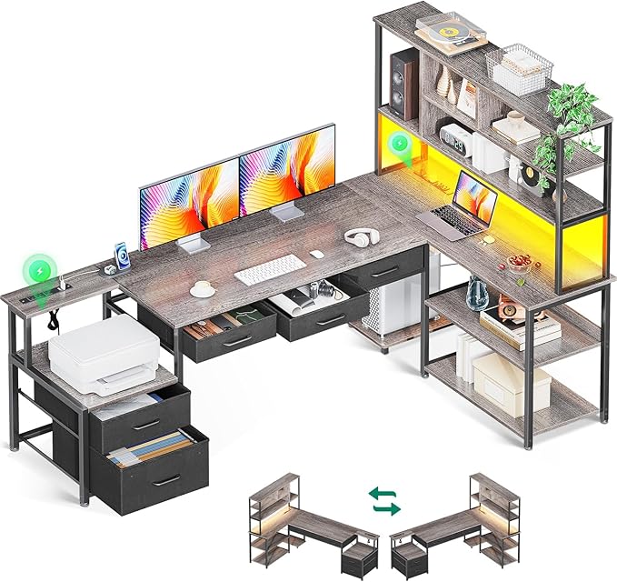 AODK 79 inch L Shaped Desk with 5 Drawers Reversible L Shaped Gaming Desk with LED Light &amp 2 Power Outlets Computer Desk with Storage Shelves for Home Office Grey Oak