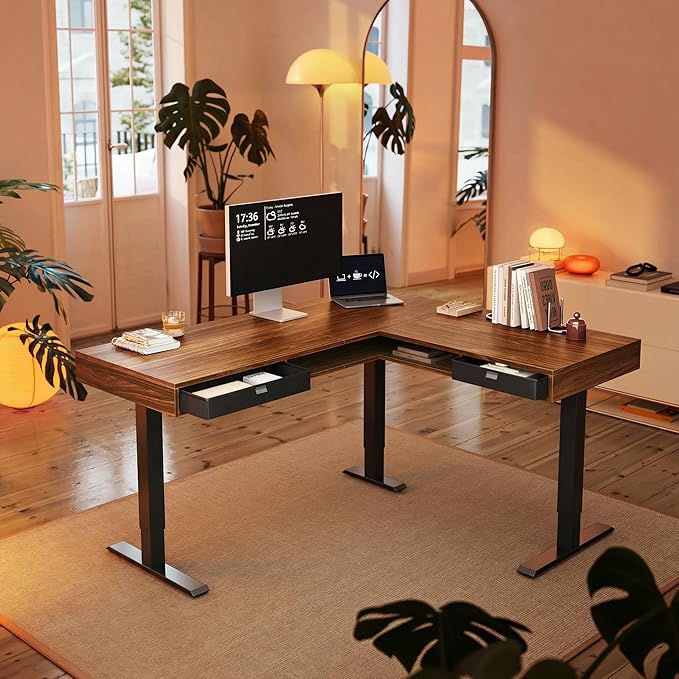 HUANUO Electric L Shaped Standing Desk 63″x55″ Height Adjustable Corner Computer Desk with 2 Under Desk Drawers &amp Open Storage Sapce Sit Stand Up Table with Power Strip Tray &amp Cable Grommets