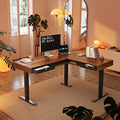 HUANUO Electric L Shaped Standing Desk 63″x55″ Height Adjustable Corner Computer Desk with 2 Under Desk Drawers &amp Open Storage Sapce Sit Stand Up Table with Power Strip Tray &amp Cable Grommets