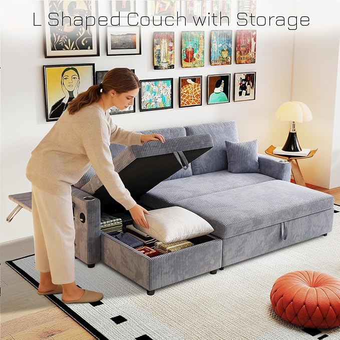 Rovibek 83 Convertible Sofa Bed Couch with Storage &amp USB Port – 4 in 1 L Shaped Sofa with Pull Out Couch Bed Side Table Cup Holder for Living Room Apartment Office Small Spaces Grey