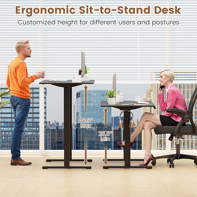 Tangkula 48 x 24 Electric Standing Desk Ergonomic Height Adjustable Sit to Stand Desk with LED Display &amp 2 Memory Height Settings Headphone Hook Home Office Desk (Black)