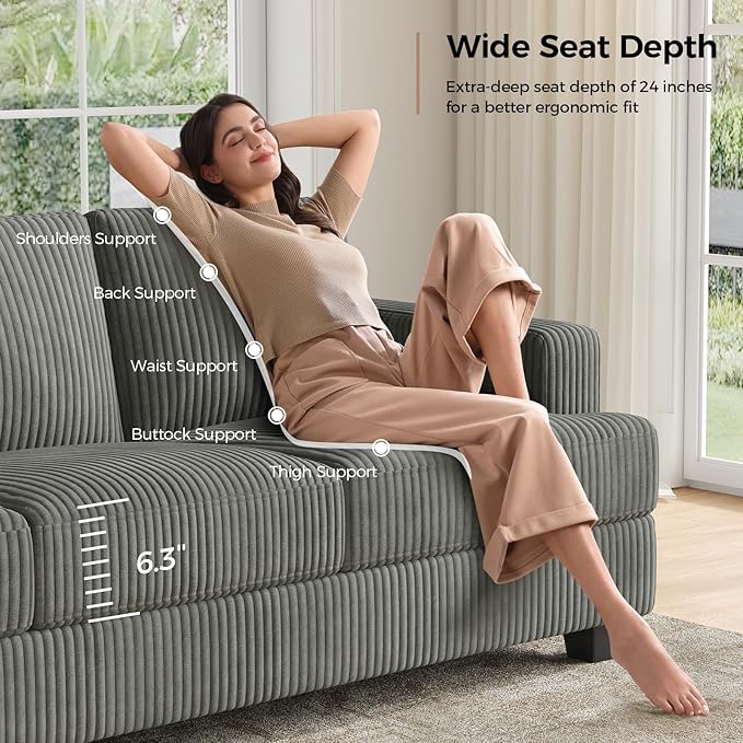 89 Inch Sofa with Extra Deep Seats Oversize 3 Seater Sofa for Living Room Modern Couch and Sofa Comfy Armrests and Seats and Backrests Easy InstallationWide Corduroy Fabric Gray