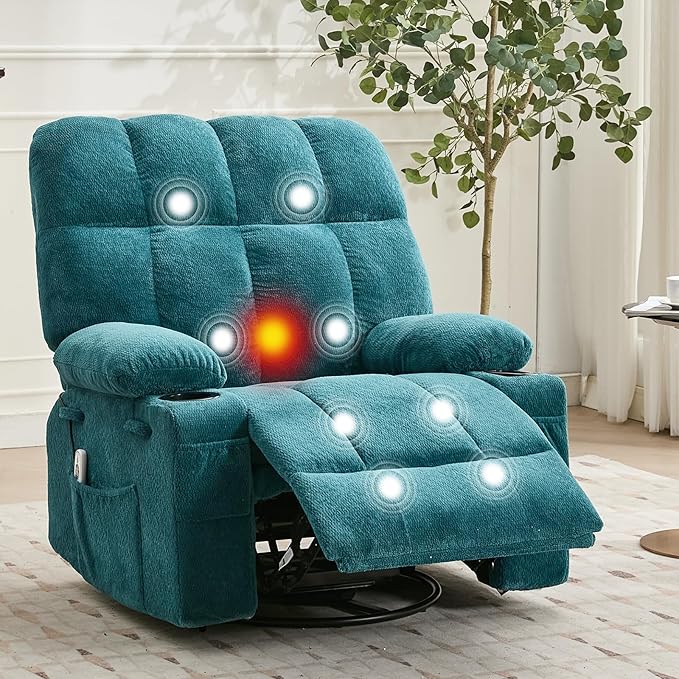Oversized Recliner Chair for Adults Massage Recliner with Lumbar Heating Manual Swivel Rocker Sofa Side Pockets &amp Cup Holders for Big and Tall Persons Living Room