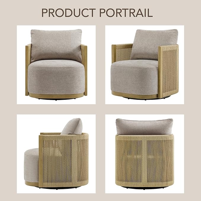 CHITA Braid Swivel Accent Chairs Modern Comfy FSC Certified Armchair with Paper Cord &amp Wood Frame for Living Room and Bedroom Fully Assembled - Mink