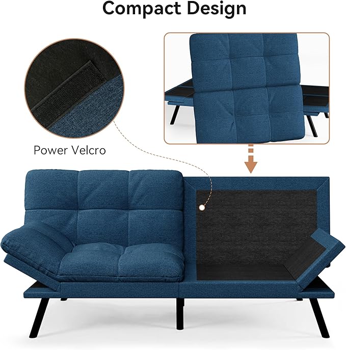Vyfipt Convertible Futon Sofa Bed 71 Memory Foam Futon Couch with DetachableAdjustable BackrestLinen Fabric Folding Small Loveseat Sleeper for for Living RoomRVOfficeApartmentPure Blue