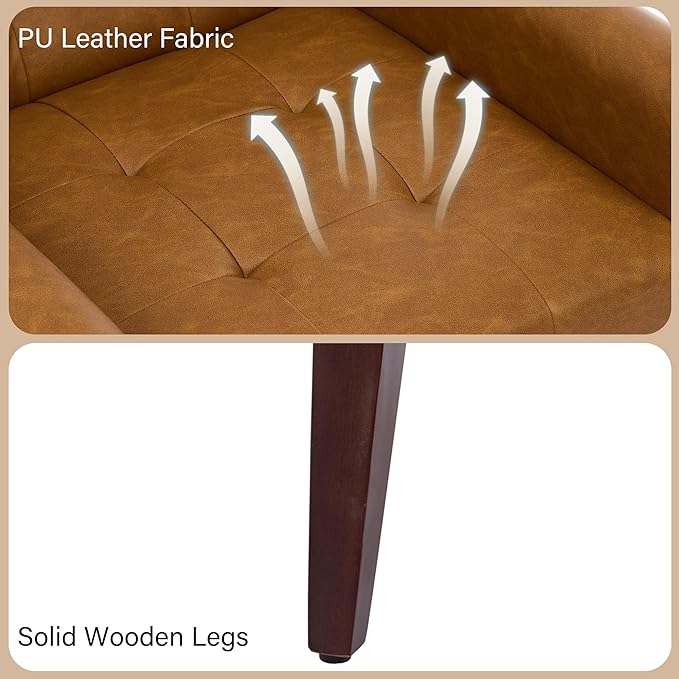 Accent Chair Comfy Mid Century Modern Small Armchairs with Solid Wood Frame and Soft Cushion for Living Room Bedroom (Faux Leather Brown Set of 1)