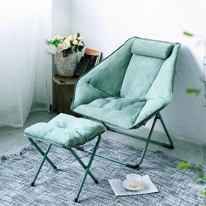 Hexagon Foldable Living Room Chair Saucer Chair for Adults Comfy Bedroom Lounge Chair Moon Chair Lazy Folding Chair for Dorm Rooms(Ottoman-Green)