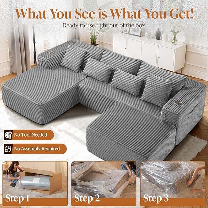 Cloud Modular Sectional Sofa Couch Boneless Couch Deep Seat for Living Room No Assembly Minimalist Modular Sofa Corduroy (Light Grey 2 Seater+Left Facing Chaise+Ottoman)