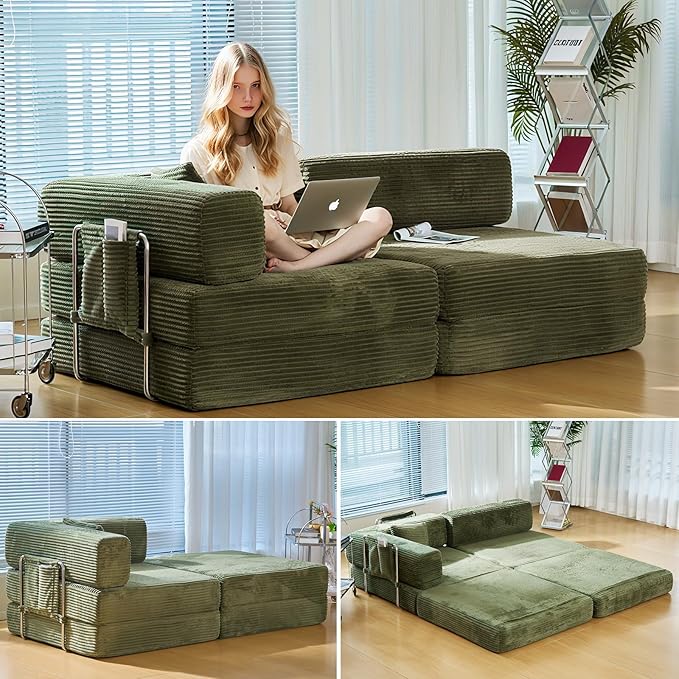 Convertible Sleeper Sofa Bed Corduroy Upholstered Green Modular Floor Couch Queen/King Size Foldable Futon with Memory Foam for Apartment Living Room Bedroom (Off White) (single-sided armrest 80.15)