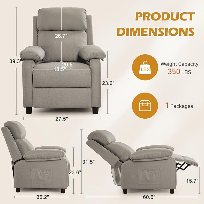 Recliner Chair Living Room Chairs for Adults Padded Deep Seat Reading Chair with Side Pockets Small Recliners for Small Spaces Lounge Chair for Living Room Bedroom and RV (Linen)