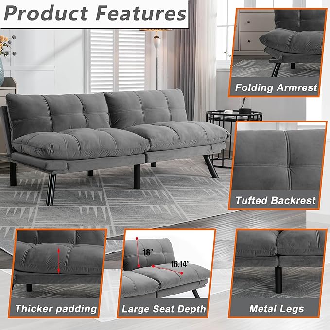 71 Velvet Futon Couch Bed with Mattress IncludedConvertible Folding Sleeper Sofa Bed with Adjustable BackrestsModern Loveseat Sleeper for Living Room Bedroom Small Space Home Office (Grey)