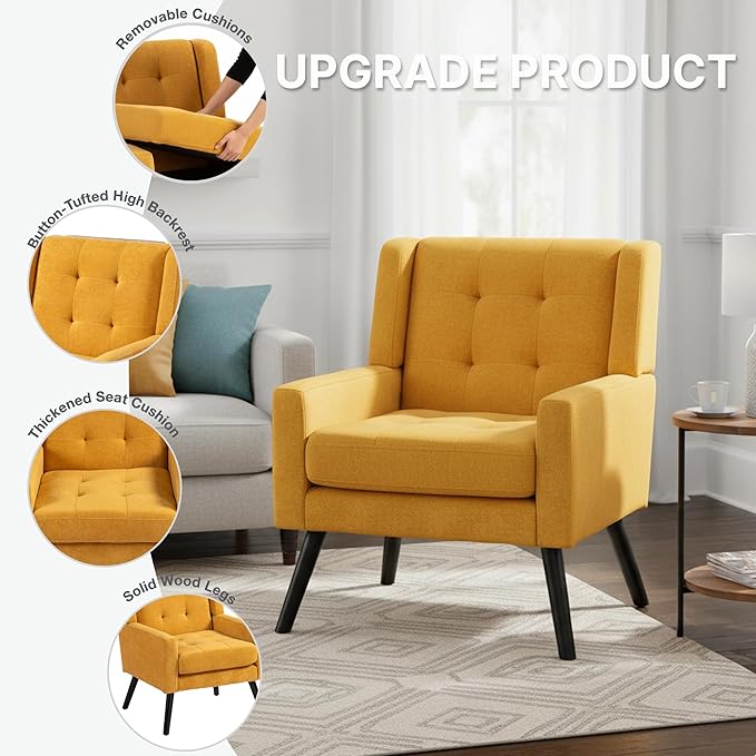 Mid-Century Modern Accent Chair Set of 2 Plush Linen Fabric with Button Tufted High Back &amp 5 Thick Cushion High Comfort Reading Chair for Living Room Bedroom Office (Yellow)