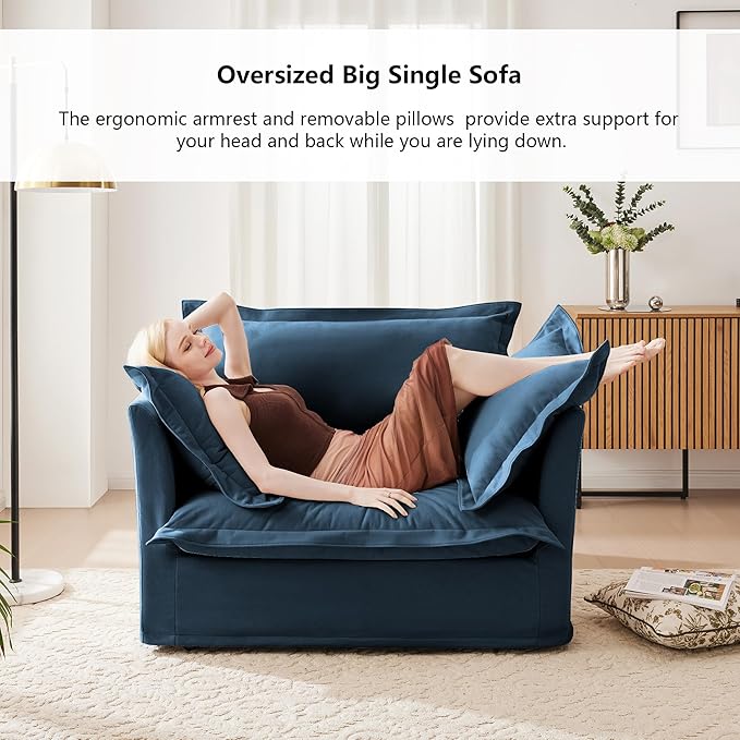 Aoowow Oversized Modular Sectional Sofa Chair with Movable Ottoman 49” Chenille Single Armchair Comfy Deep Seat Couch Sofa with Big Toss Pillows for Living Room Apartment Office(Blue-Chenille)