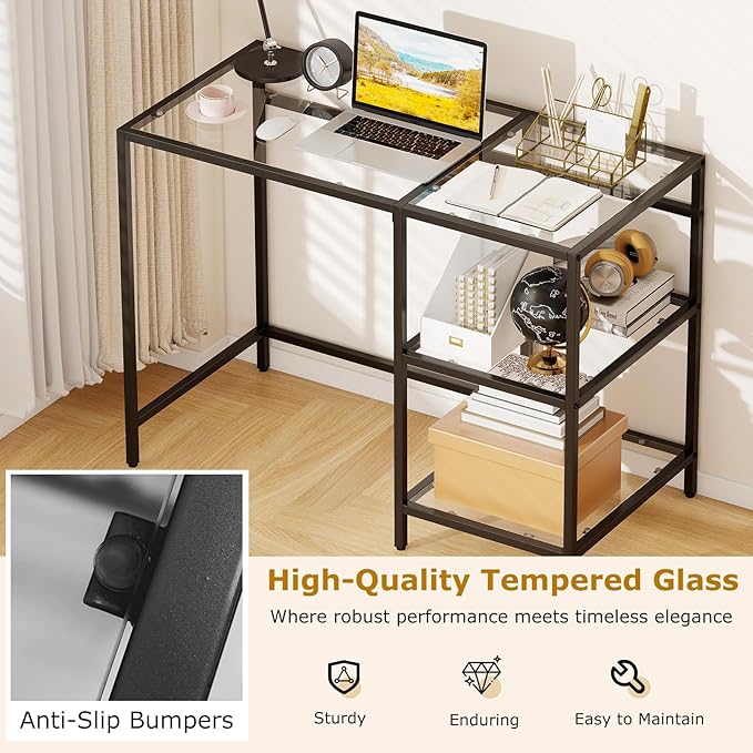 GOFLAME Computer Desk with Shelves 42” Home Office Desk with Metal Frame Tempered Glass Study Writing Table Modern Simple PC Desk for Living Room Bedroom (Black)