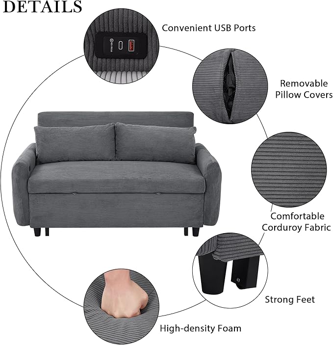 Merax 57.48 Pull-Out Sofa Bed Convertible Couch2 Seat Loveseat Sofa with 3 Levels Adjustable BackrestTwo Throw Pillows and USB PortsModern Corduroy Sleeper Sofa for Living RoomDark Grey