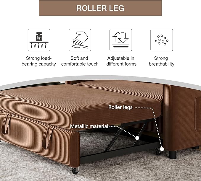 Sleeper Sofa with Pull Out Sofa BedCorduroy Futon Sofa Bed with 3 Level Adjustable Backrest &amp Storage Pockets and 2 Toss PillowsModern Couch Bed for Living RoomBedroom（Brown）