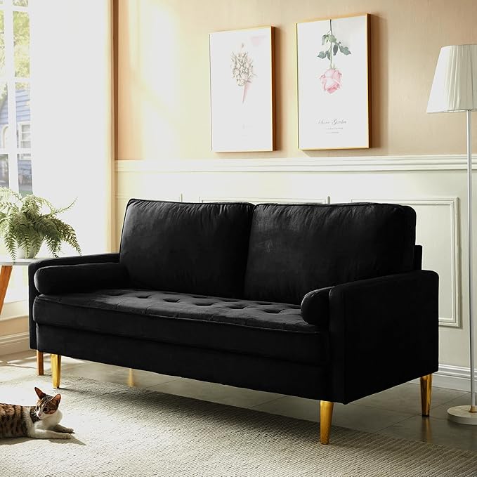 67 Modern Velvet Loveseat Sofa Couch Mid-Century Tufted Upholstered Small Love Seat Couch with 2 Pillows &amp 4 Golden Legs 2-Seats Couches for Compact Space Living Room Apartment (Black)