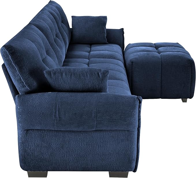 Aoowow Modular Sectional Sofa with Movable Ottoman 110.2” Chenille L Shaped Sofa Couch Upholstered Comfy 3-Seater Couches with Pillows for Living Room Apartment OfficeBlue