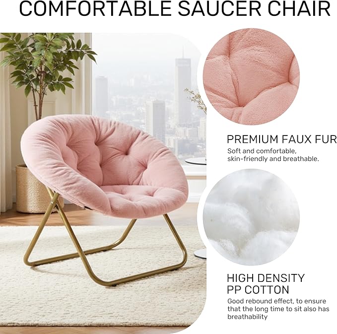 ScratchMe Saucer Chair Comfy Faux Fur Chair for Bedroom Saucer Chairs for Adults Teens Round Shaped Moon Chair with Foldable Metal Frame Pink