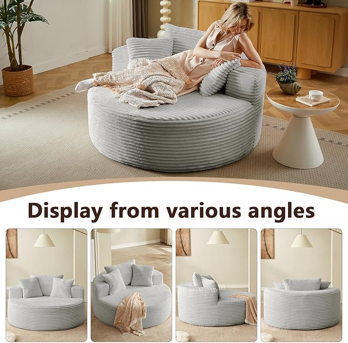 55''Oversized Round Chair Lounge Chaise IndoorCloud Boneless Large Circle Chair with Plush CorduroyNo Assembly RequiredFluffy Modern Sleeper Sofa Bed for ReadingLiving Room(GreyFabric Upgrade)