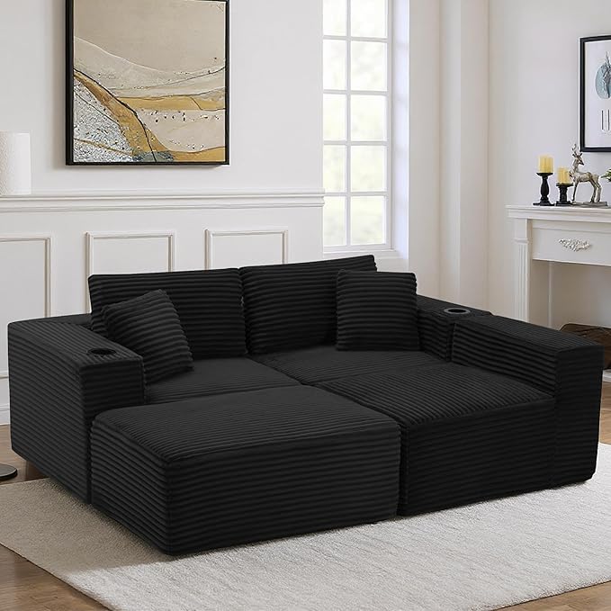 110”Modular Sectional SofaCloud Boneless Couch with Deep SeatModern Modular L-Shape Sofa Couch with 0ttomanUpholstered Couches for Living Room Bedroom (Black)