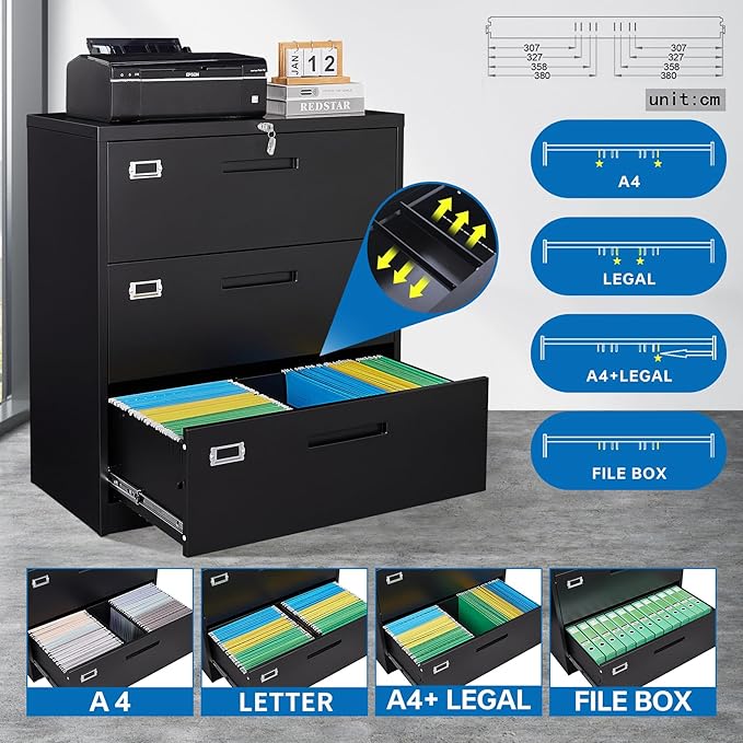 Lateral File Cabinet with LockMetal Filing Cabinet with 3 DrawerSteel Lateral File Cabinet for Legal/Letter A4 SizeWide File Cabinet for Office HomeAssembly Required