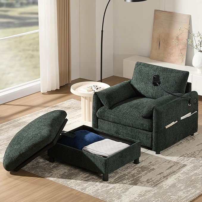 Oversized Accent Sofa Chair with Ottoman Chaise Lounge Chair with USB Charger Phone Holder Side Pockets Chenille Reading Armchair for Living Room Bedroom Home Theater(Olive Green)