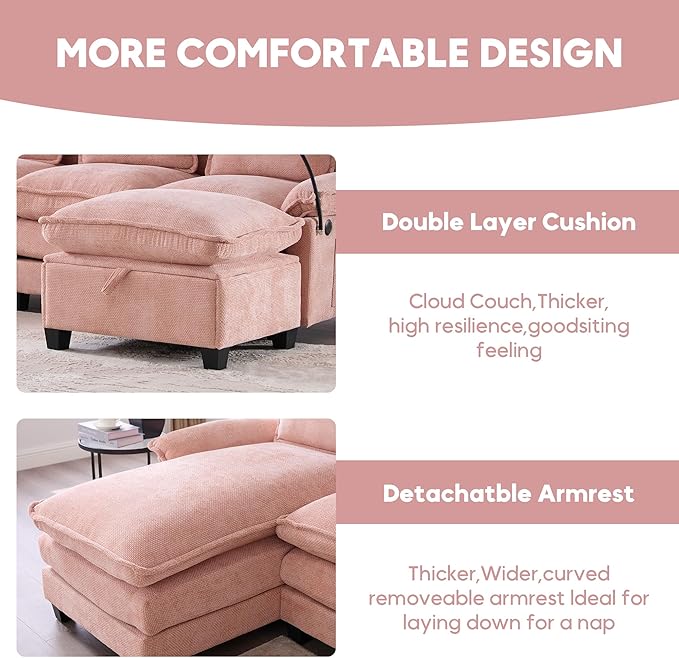 U Shape Modern Modular Sectional Sofa Cloud Couch with Storage Ottoman 4-Seat Upholstery Chenille Deep Seat Sofa with Charging Port for Living Room Pink