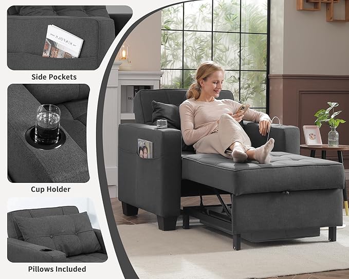 DURASPACE Pull Out Sofa Bed 3-in-1 Convertible Sofa Sleeper Chair Bed with USB Cup Holder Adjustable Armchair Beds for Small Spaces Apartment Living Room Office (Dark Gray Linen)