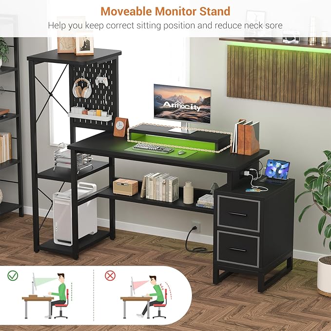 Computer Desk with 2 Fabric Drawers - Reversible Home Office Desk with Power Outlet &amp LED Lights 53 Writing Desk with Monitor Stand &amp Storage Shelves Gaming Desk Study Table with Pegboard