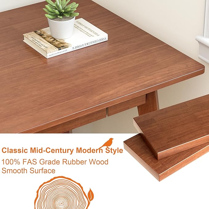 100% Solid Wood Desk 71 Mid Century Modern Desk with 3 Drawers Large 2 Person Vintage Writing Desk Simple Wooden Table for Restaurants Home Offices