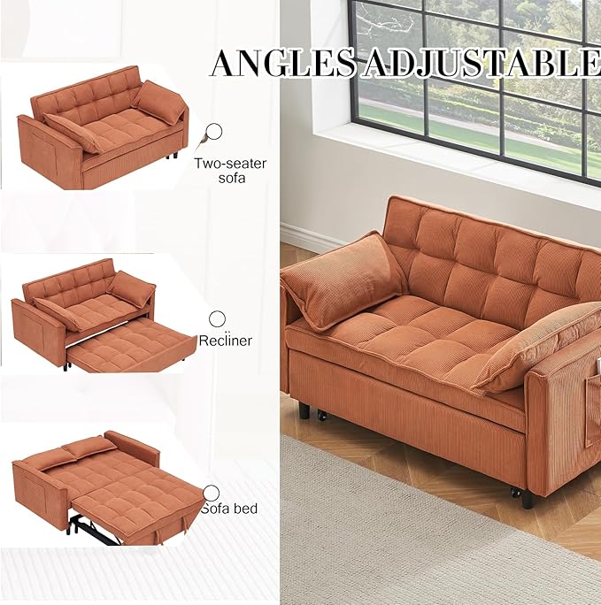 3 in 1 Corduroy Convertible Sofa Bed Pull Out Couch Bed with Reclining Backrest and 2 Pillows 54 Full Size Loveseat Sleeper Sofa Futon Couch Beds Couches for Small Spaces Living Room (Orange)