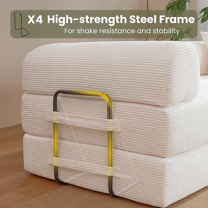 79 Convertible Sofa Bed Boneless Corduroy Sleeper Foldable Modular Couch Memory Foam Compressed Sofa in A Box Folding Mattress Floor Couch for Small Space Living Room Apartment Bedroom White