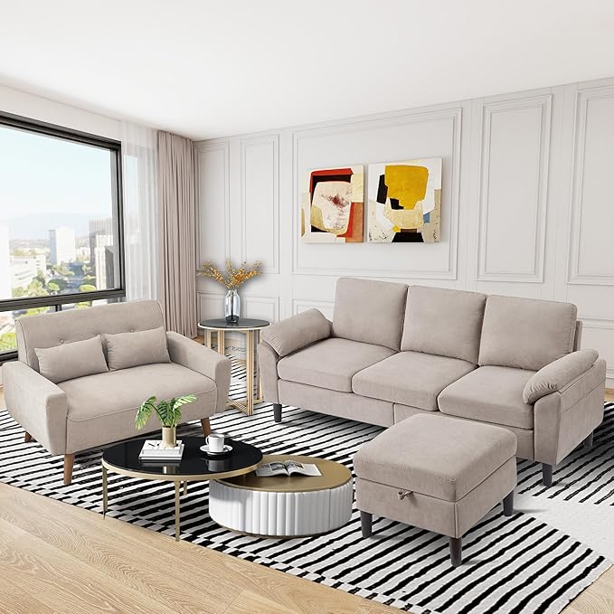 2 Piece Sectional Sofa Set 3-Seat Small L Shaped Couch with Storage Ottoman and 2 Seat Loveseat Sofa Set Polyester Fibre for Living Room Beige