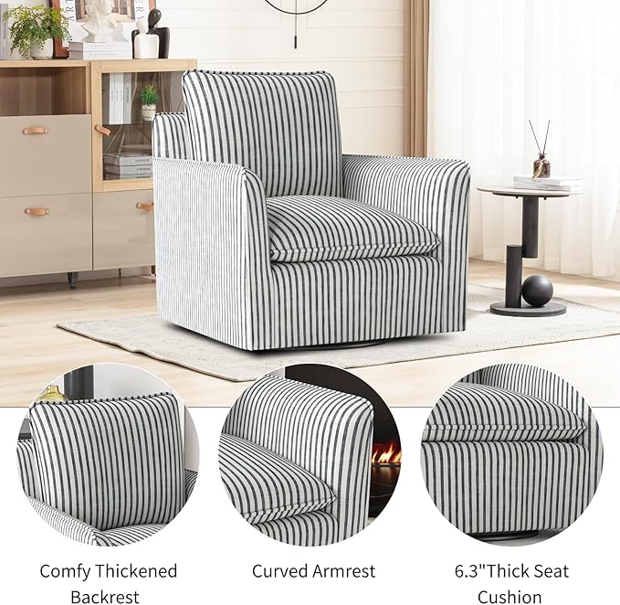 Bonzy Home 34 Swivel Accent Chair Set of 2Wide Upholstered Square Chair with Thick Padded Backrest Cushion Swivel Reading Chair for Living Room Bedroom Small Spaces Blue Stripe