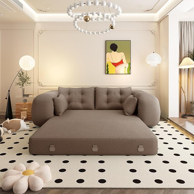 79 Modern Brown Teddy Convertible Futon Couch Sofa Bed 3 in 1 Pull Out Memory Sleeper Cloud Sofas Double Full Size Boneless Love Seat Beds for Living Room Dorm ApartmentBedroom (Brown)