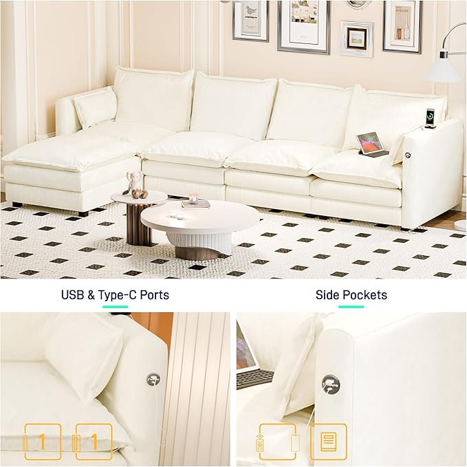 DYHOME l Shaped Sectional Couch with Padded Armrests Modern Modular Sectional Sofa 4 Seat with USB/Type-C Charging Port 27 Inch Deep Seat Chenille Cloud Couch with 6 Pillow for Living Room Bedroom